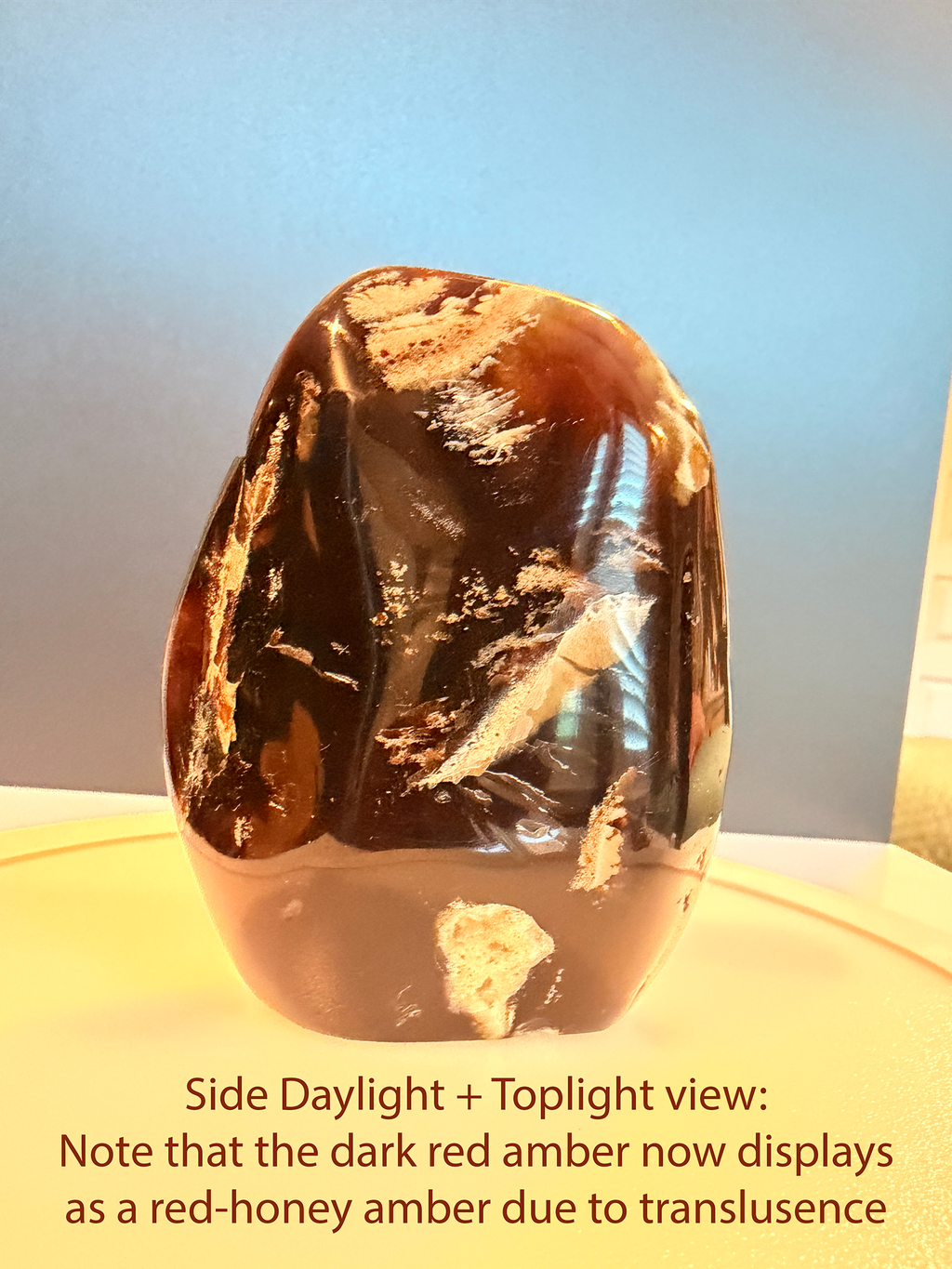 Indonesian Blue Amber Freeform with Strong Sunlight and Fluorescent Blue Shift