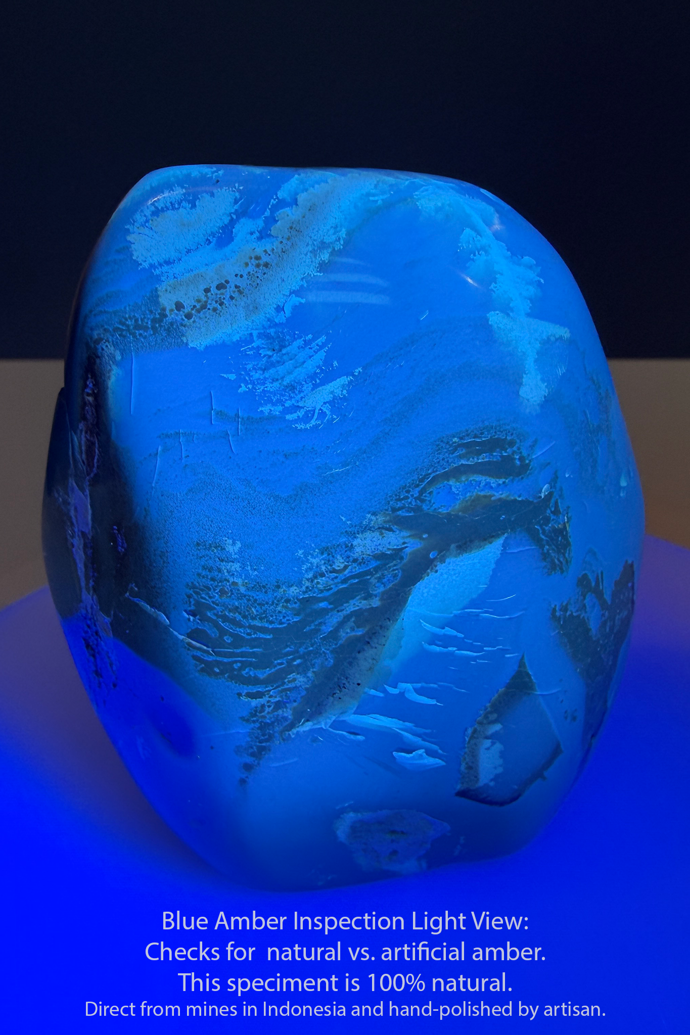 Indonesian Blue Amber Freeform with Strong Sunlight and Fluorescent Blue Shift