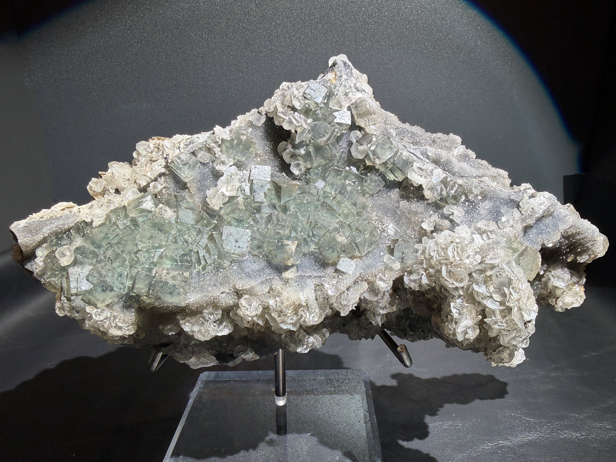 Museum-Grade Fujian Fluorite on Sphalerite with Three-Color Fluorescence on Custom Display Stand