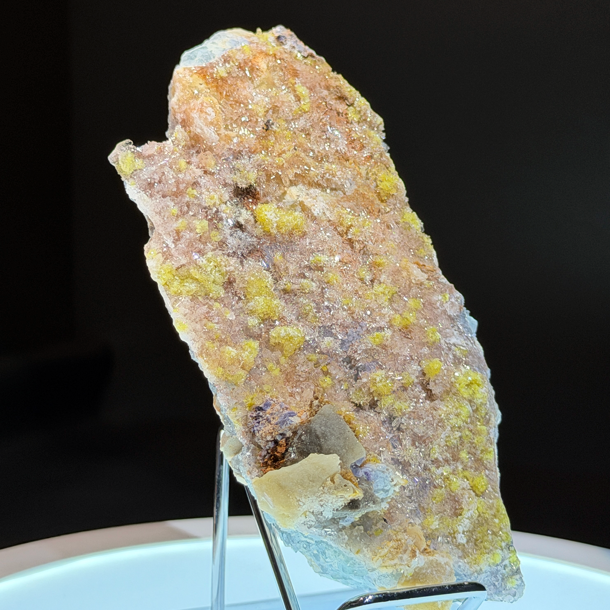 Rare Yellow Botryoidal Fluorite Plate with Barite on Lavender Fluorite