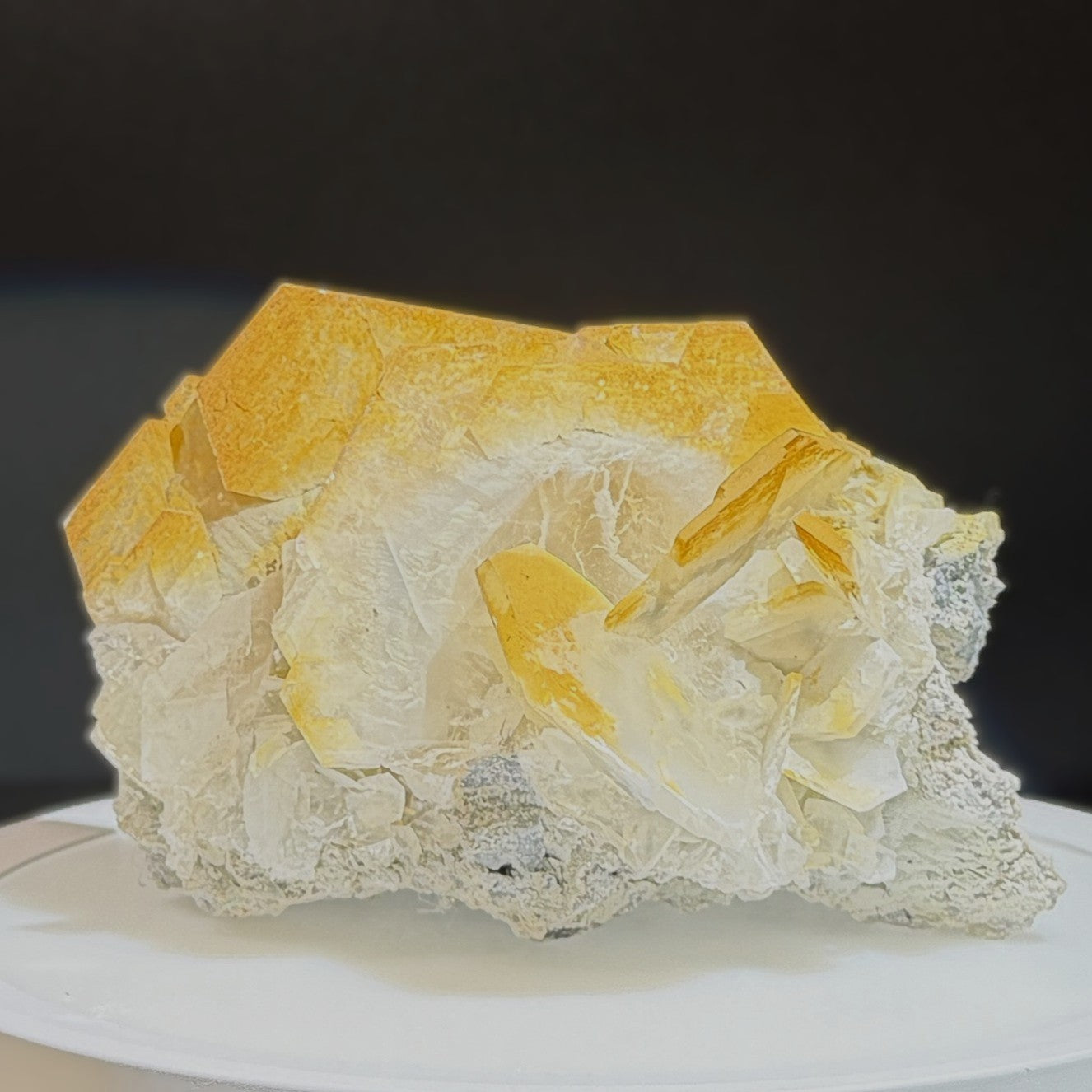 Fluorescent Yellow Blade Calcite Cluster on Matrix