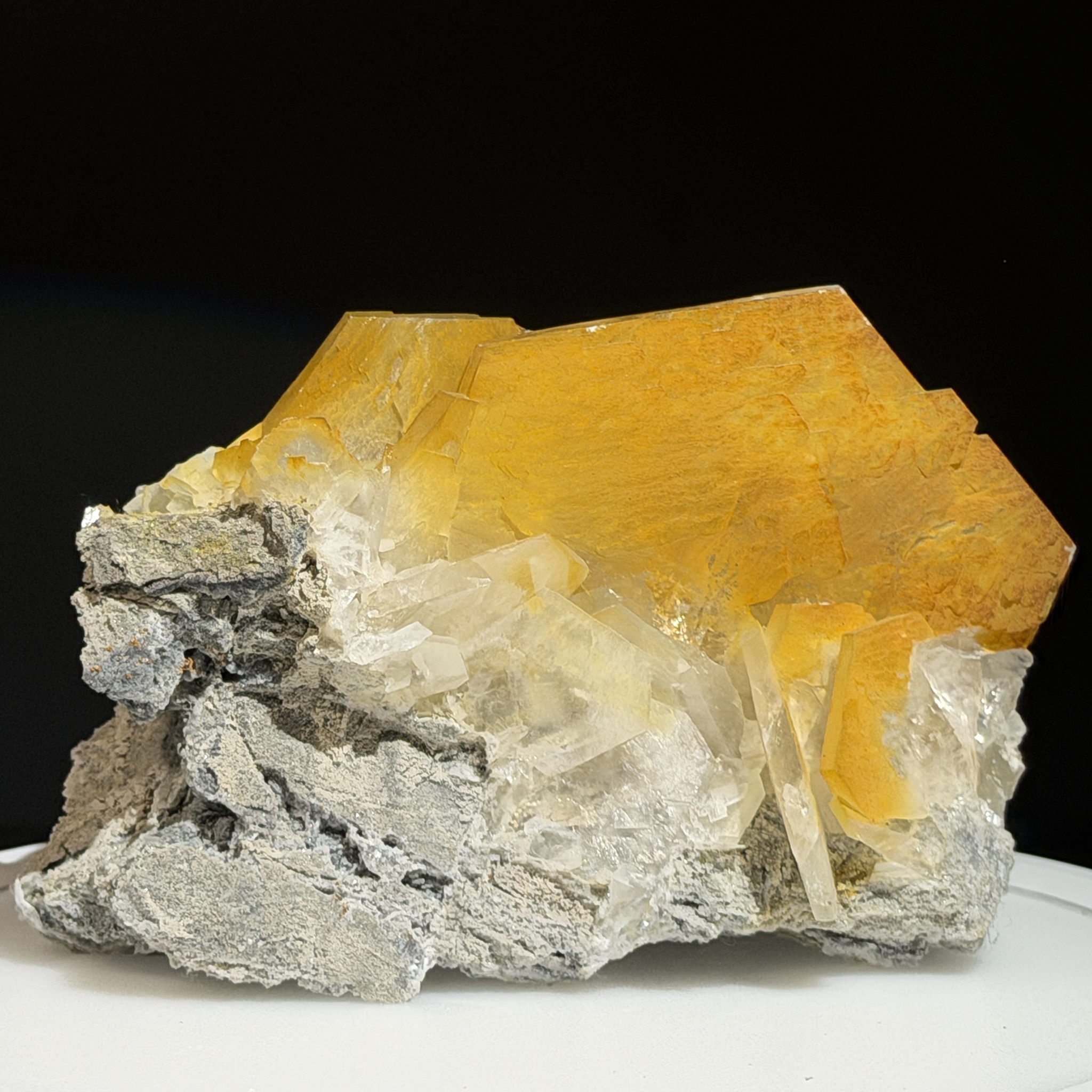 Fluorescent Yellow Blade Calcite Cluster on Matrix
