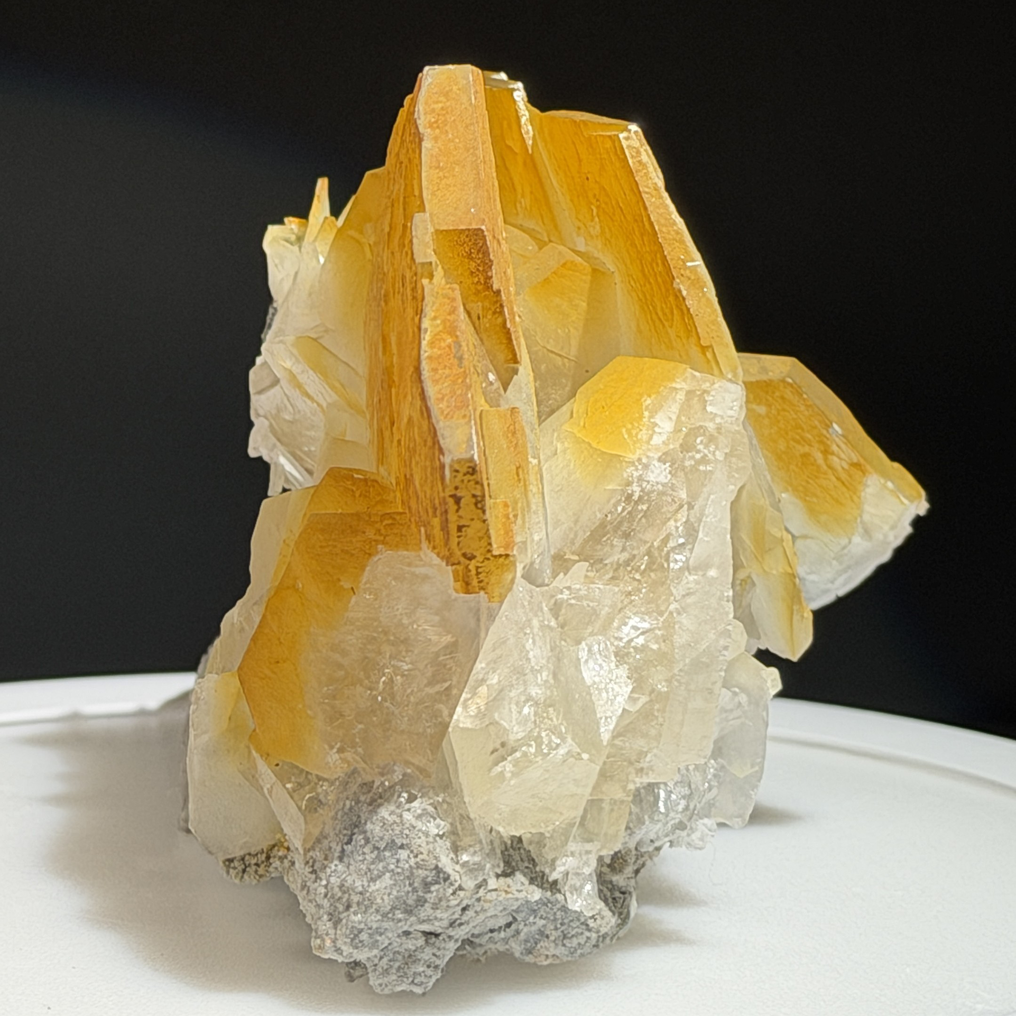 Fluorescent Yellow Blade Calcite Cluster on Matrix