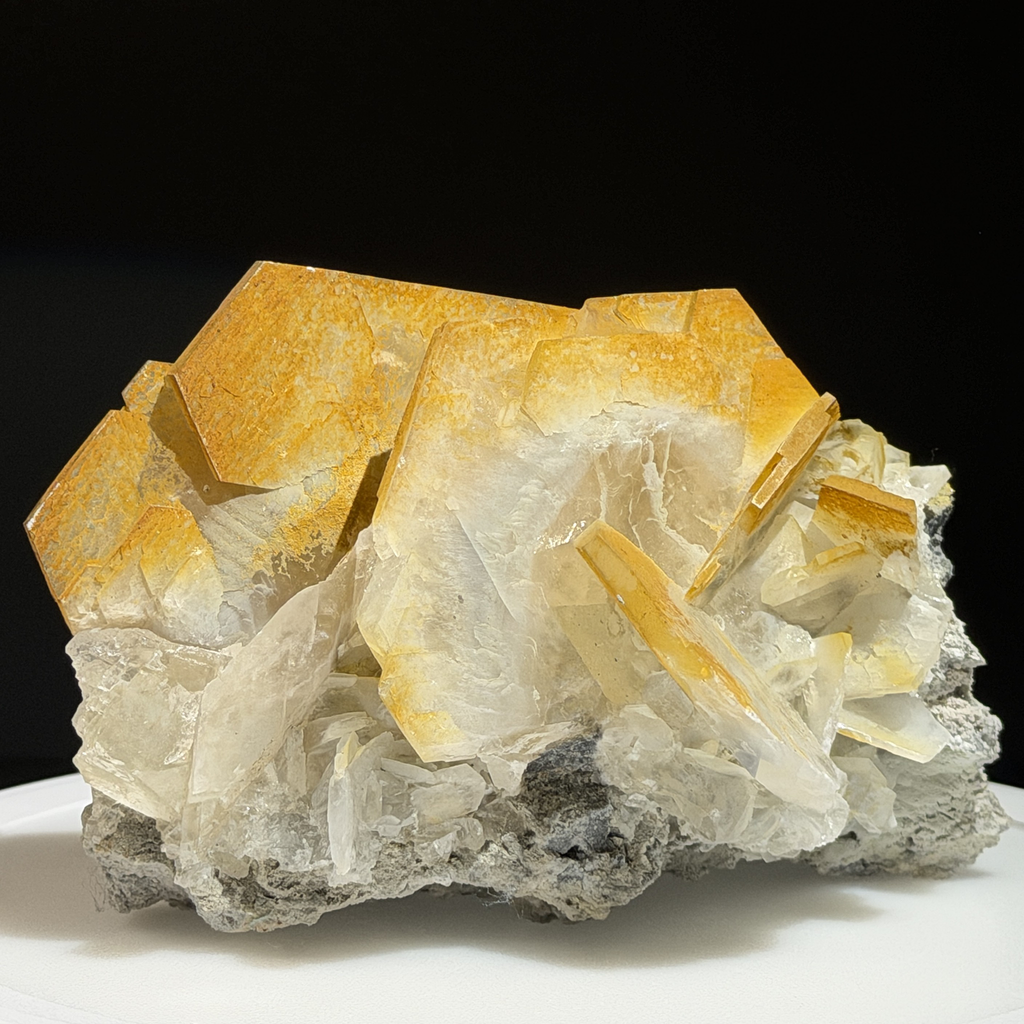 Fluorescent Yellow Blade Calcite Cluster on Matrix