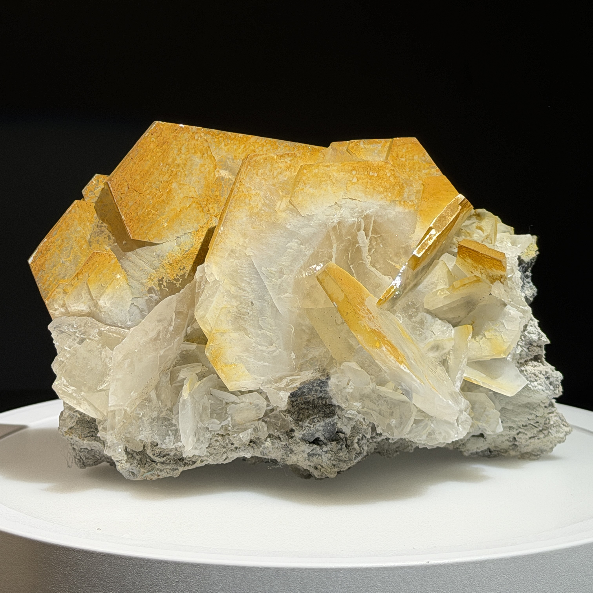 Fluorescent Yellow Blade Calcite Cluster on Matrix