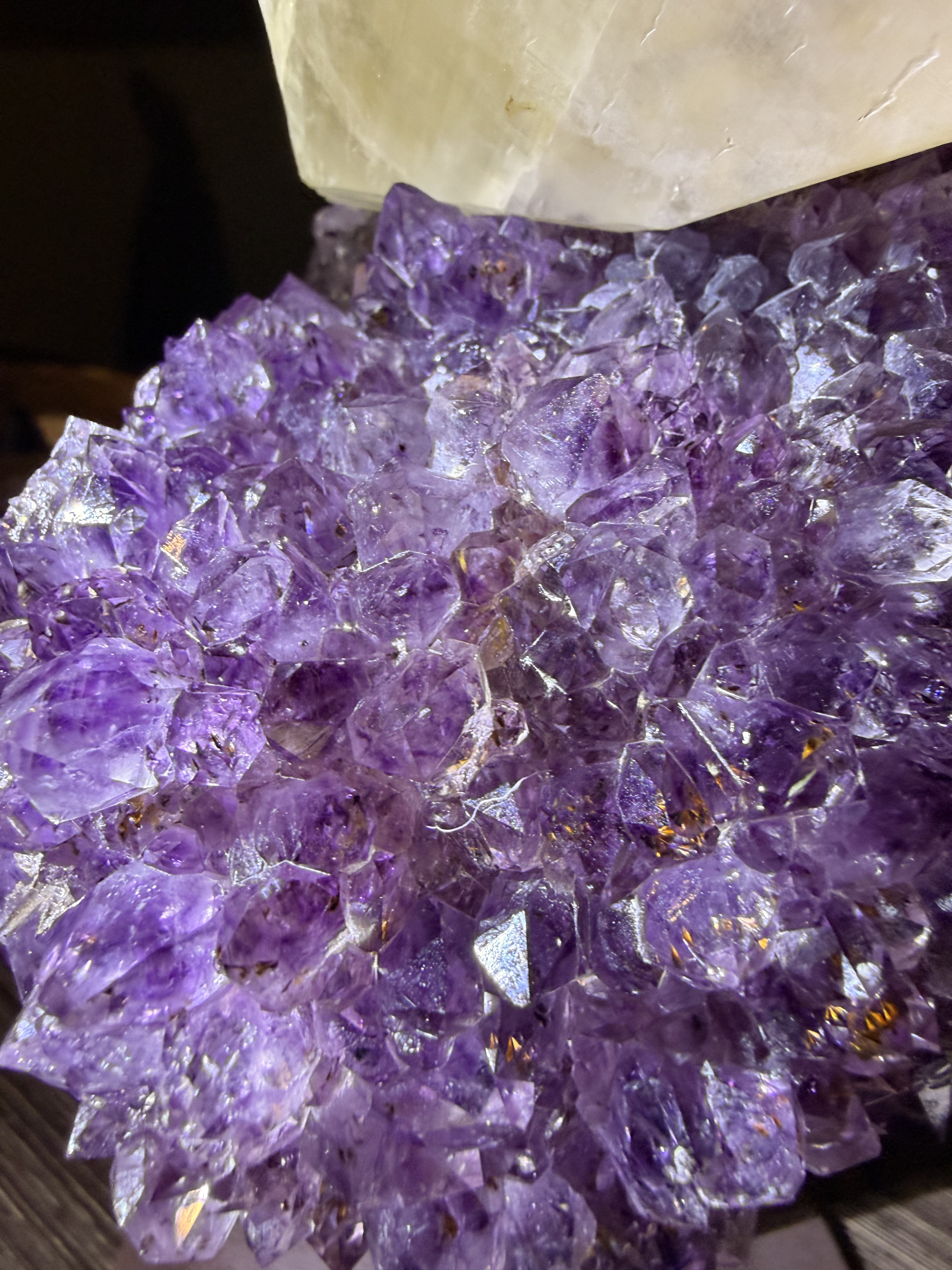 Amethyst Cluster with Terminated Calcite Spear. Fluorescent Show Piece. 3.1 kg