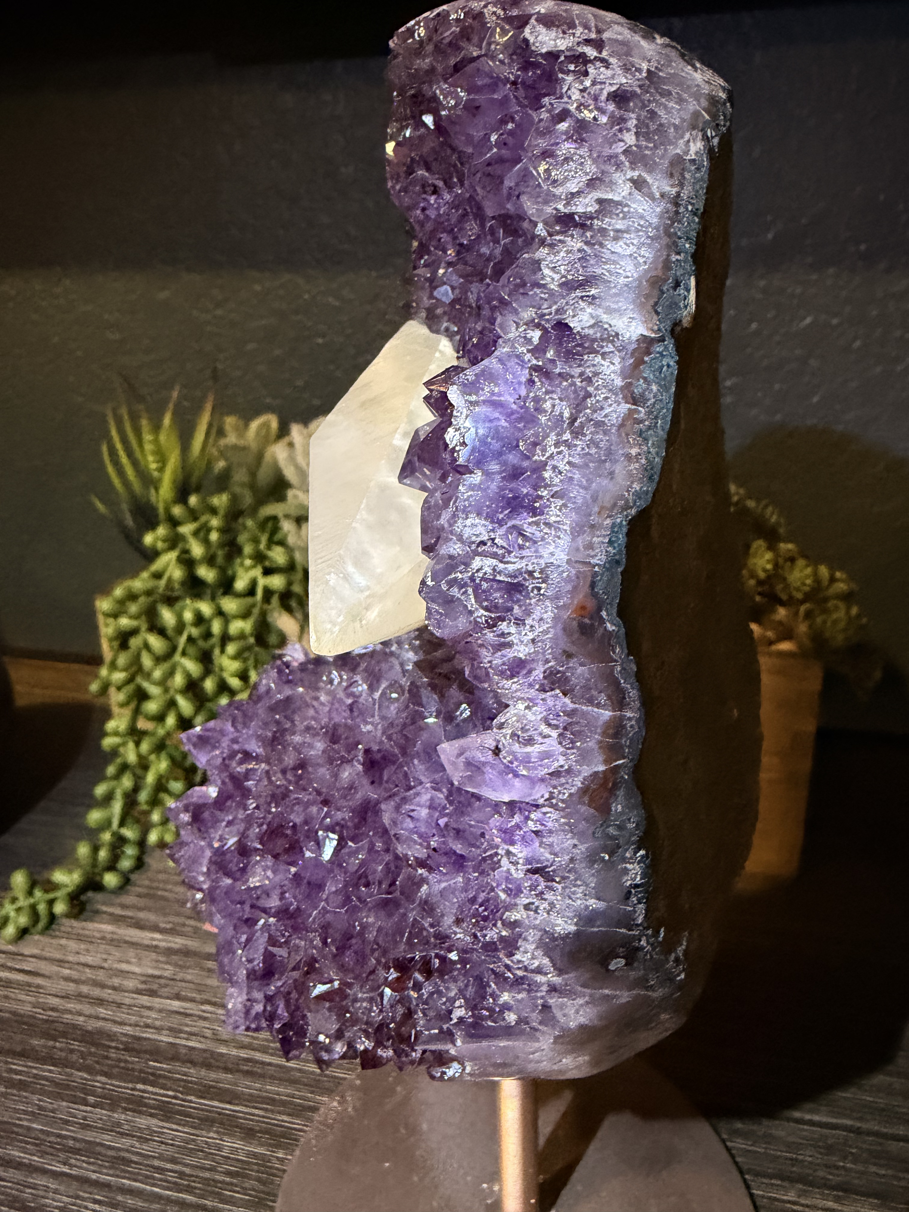 Amethyst Cluster with Terminated Calcite Spear. Fluorescent Show Piece. 3.1 kg