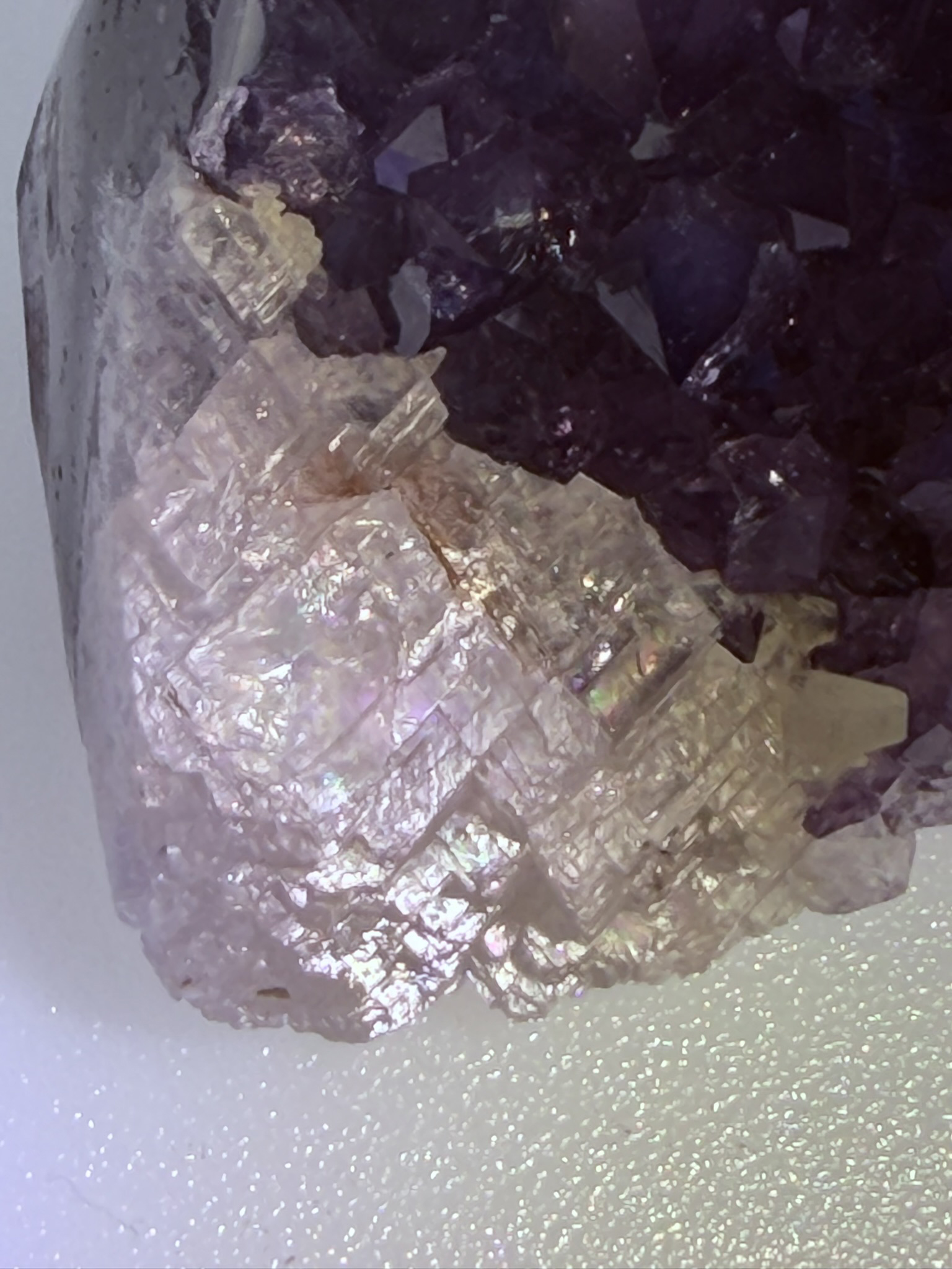 Brazilian Amethyst Cut Base with UV-Reactive Calcite and Polished Agate Rim