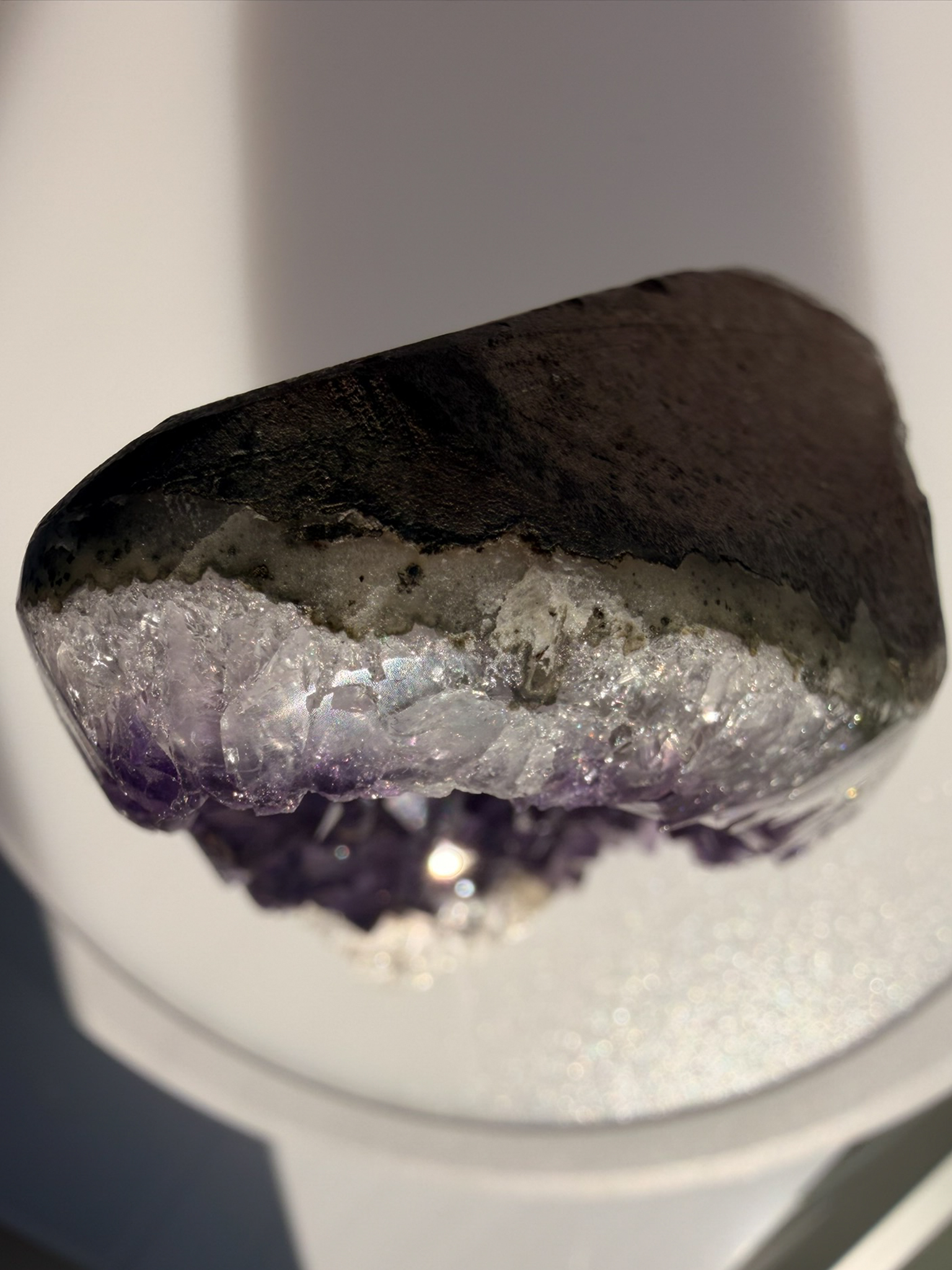 Brazilian Amethyst Cut Base with UV-Reactive Calcite and Polished Agate Rim