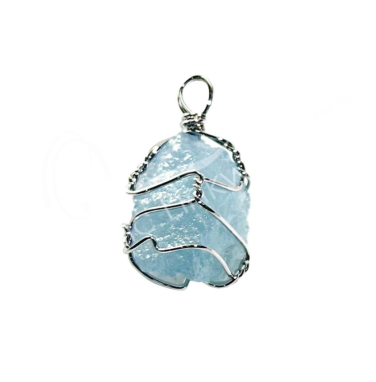 AQUAMARINE NECKLACE; BRASS, SILVER PLATED WIRE WRAP AQUAMARINE 1-1