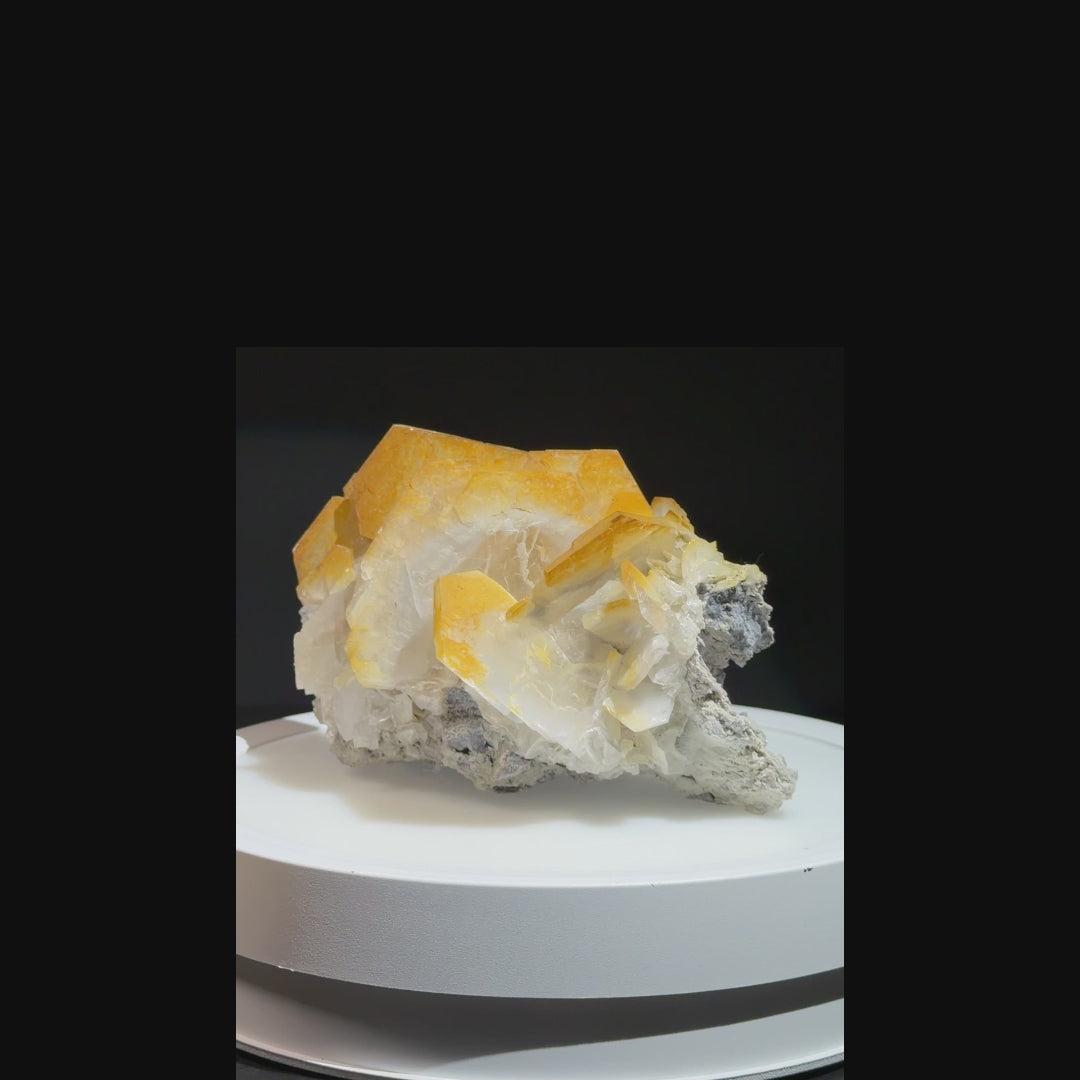 Fluorescent Yellow Blade Calcite Cluster on Matrix